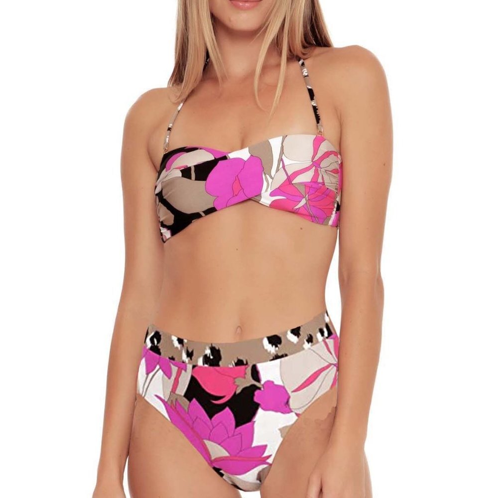 NWT Trina Turk Lynx Bandeau Top & High Waist Reversible Bikini Bottom Set